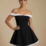 Black Colorblock Off-Shoulder High Waist Flare Mini Dress