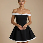 Black Colorblock Off-Shoulder High Waist Flare Mini Dress