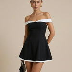 Black Colorblock Off-Shoulder High Waist Flare Mini Dress