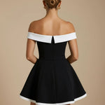 Black Colorblock Off-Shoulder High Waist Flare Mini Dress