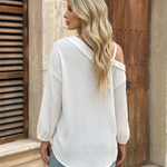 White Cold Shoulder Button Front Long Sleeve Blouse