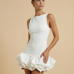 White Sleeveless Boat Neck Fitted Body Ruffle Hem Mini Dress