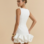 White Sleeveless Boat Neck Fitted Body Ruffle Hem Mini Dress