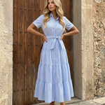 Stripe Collared V-Neck Tiered Belt Maxi Shirt Dress