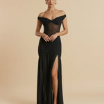 Black High Slit Off Shoulder Mesh Panel Ruched Bodycon Maxi Dress