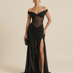 Black High Slit Off Shoulder Mesh Panel Ruched Bodycon Maxi Dress