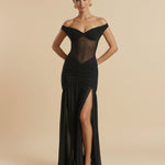 Black High Slit Off Shoulder Mesh Panel Ruched Bodycon Maxi Dress
