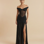 Black High Slit Off Shoulder Mesh Panel Ruched Bodycon Maxi Dress