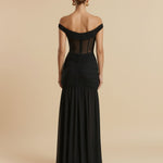 Black High Slit Off Shoulder Mesh Panel Ruched Bodycon Maxi Dress