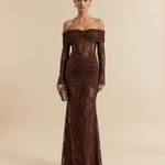 Chocolate Brown Off Shoulder Lace Long Sleeve Ruched Mermaid Maxi Dress