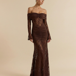 Chocolate Brown Off Shoulder Lace Long Sleeve Ruched Mermaid Maxi Dress