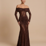 Chocolate Brown Off Shoulder Lace Long Sleeve Ruched Mermaid Maxi Dress
