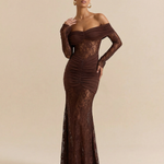 Chocolate Brown Off Shoulder Lace Long Sleeve Ruched Mermaid Maxi Dress