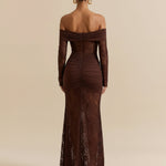 Chocolate Brown Off Shoulder Lace Long Sleeve Ruched Mermaid Maxi Dress