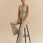 Beige Linen V-Neck Rose Button Waistcoat High Waist Split Hem Wide Leg Pants Set