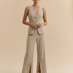 Beige Linen V-Neck Rose Button Waistcoat High Waist Split Hem Wide Leg Pants Set