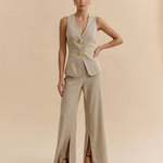Beige Linen V-Neck Rose Button Waistcoat High Waist Split Hem Wide Leg Pants Set