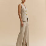 Beige Linen V-Neck Rose Button Waistcoat High Waist Split Hem Wide Leg Pants Set