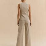 Beige Linen V-Neck Rose Button Waistcoat High Waist Split Hem Wide Leg Pants Set