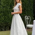 White Polka Dot High Neck Cap Sleeve Fit Flare Midi Dress