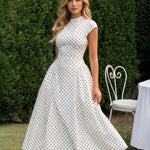 White Polka Dot High Neck Cap Sleeve Fit Flare Midi Dress