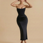 Black Corset Ruched Satin Slim Fit Strapless Midi Dress
