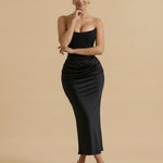 Black Corset Ruched Satin Slim Fit Strapless Midi Dress