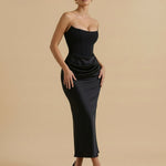 Black Corset Ruched Satin Slim Fit Strapless Midi Dress