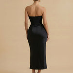 Black Corset Ruched Satin Slim Fit Strapless Midi Dress