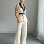 Elegant Beige Contrast Trim Blazer Wide Leg Pants Set