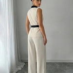 Elegant Beige Contrast Trim Blazer Wide Leg Pants Set