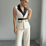 Elegant Beige Contrast Trim Blazer Wide Leg Pants Set