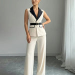 Elegant Beige Contrast Trim Blazer Wide Leg Pants Set