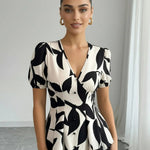 Elegant Leaf Print  V-Neck Puff Sleeve Button Down Top