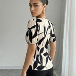 Elegant Leaf Print  V-Neck Puff Sleeve Button Down Top