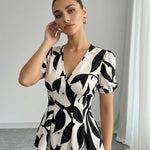 Elegant Leaf Print  V-Neck Puff Sleeve Button Down Top