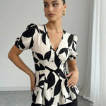 Elegant Leaf Print  V-Neck Puff Sleeve Button Down Top