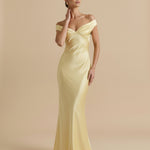 Yellow Off Shoulder Satin Ruched Bust Mermaid Maxi Dress