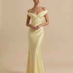 Yellow Off Shoulder Satin Ruched Bust Mermaid Maxi Dress