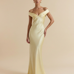 Yellow Off Shoulder Satin Ruched Bust Mermaid Maxi Dress