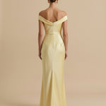 Yellow Off Shoulder Satin Ruched Bust Mermaid Maxi Dress