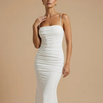 White Spaghetti Strap Ruched Backless Mermaid Maxi Dress