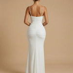 White Spaghetti Strap Ruched Backless Mermaid Maxi Dress