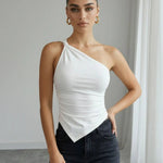 White One Shoulder Asymmetric Hem Cropped Top
