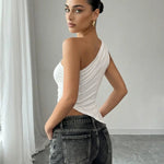 White One Shoulder Asymmetric Hem Cropped Top