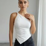 White One Shoulder Asymmetric Hem Cropped Top