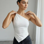 White One Shoulder Asymmetric Hem Cropped Top