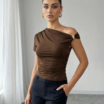 Brown Asymmetric Ruched Metal Detail Cropped Top
