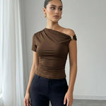 Brown Asymmetric Ruched Metal Detail Cropped Top