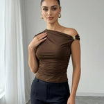 Brown Asymmetric Ruched Metal Detail Cropped Top